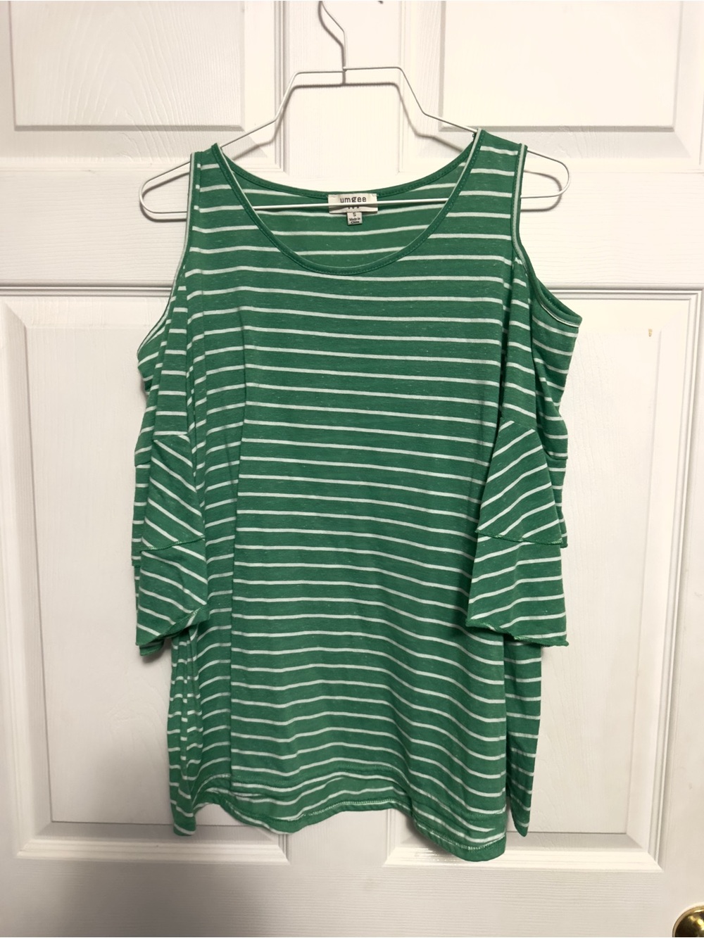 Umgee Green and White Striped Cold-Shoulder Tank